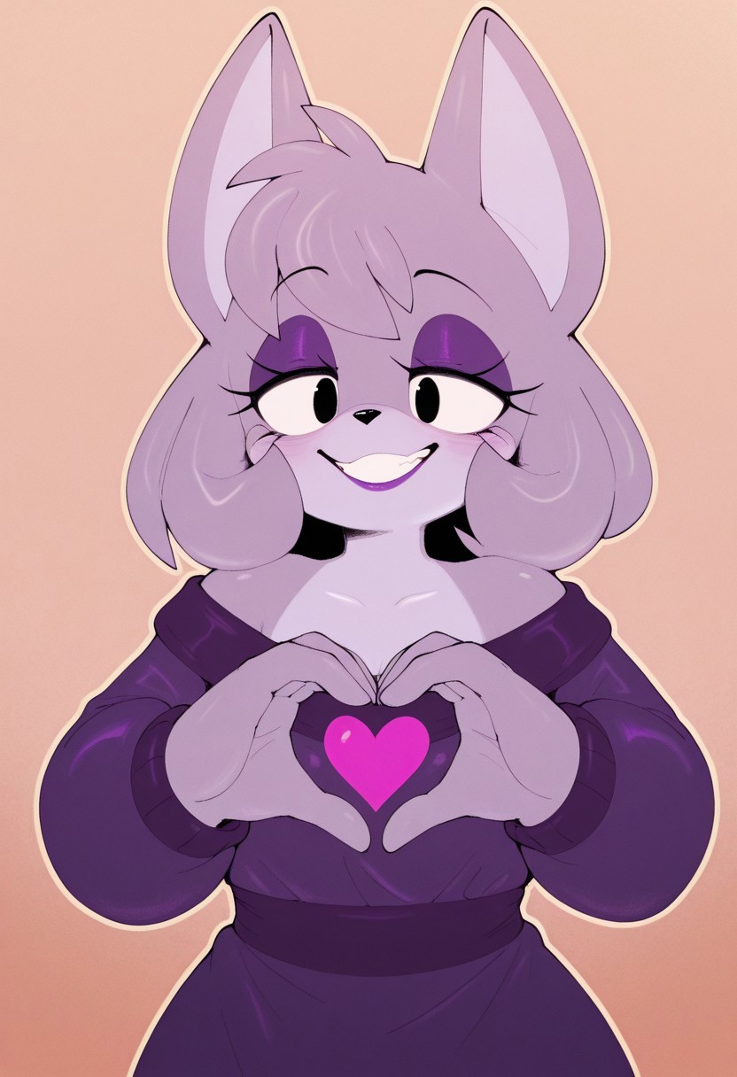 ephemilie , 1girl, solo, medium build, medium hair, sfw, safe for work, covered skin, flowy dress,  black eyes, purple lipgloss, smiling, portrait, upper body, heart hands, foreshortening, detailed, newest, furry female, furry, anthro