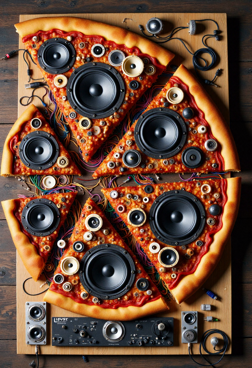 <lora:Audio_Artisan_FLUX:0.9>
Realistic photo of a pizza made entirely of various electronic components and audio equipment.