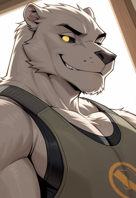 masterpiece,best quality,amazing quality, 1boy, solo, w0lfm4n, furry, green vest, black tank top, colored sclera, no pupils, close up, side angle, looking at viewer, smug,