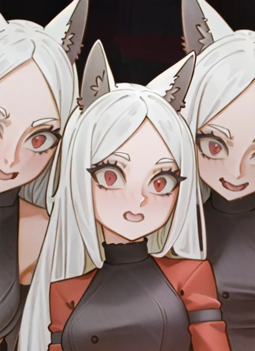 ((best quality)), ((highly detailed)), masterpiece, ((official art)), (detailed eyes, deep eyes), (1girl:1.33, solo), <lora:cerberusHelltaker_v10:1>, cerberus \(helltaker\), white hair, long hair, (red eyes), dog ears, demon tail, medium breasts, <lora:bartolomeobariStyle_v10:.95>, bartolomeobari