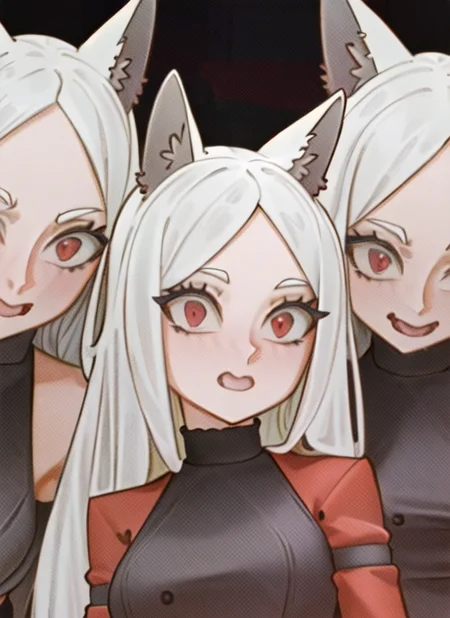((best quality)), ((highly detailed)), masterpiece, ((official art)), (detailed eyes, deep eyes), (1girl:1.33, solo), <lora:cerberusHelltaker_v10:1>, cerberus \(helltaker\), white hair, long hair, (red eyes), dog ears, demon tail, medium breasts, <lora:bartolomeobariStyle_v10:.95>, bartolomeobari