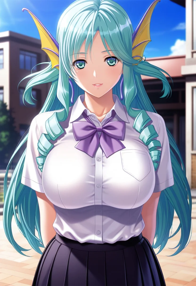 masterpiece, best quality, amazing quality,lorelia, green eyes, green hair, mature female, long hair, head fins, 1girl, solo, breasts, large breasts,school uniform,pleated skirt,white shirt, black skirt, purple bow,short sleeves, parted lips, light smile, standing,arms behind back, looking at viewer, cowboy shot, blurry background, outdoors, school, cherry blossom <lora:loreliaV1:0.9>