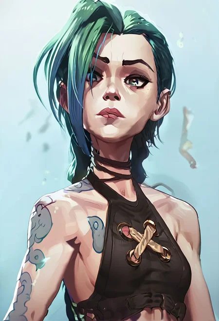 score_9_up, score_8_up, score_7_up, Score_6_up, Score_5_up, Score_4_up, source_anime, (masterpiece, perfectly detailed, detailed face, detailed eyes, beautiful eyes), 8K, extremely detailed, CuteMaster_PS, jinx, 1girl, bare shoulders, black background, black shirt, green hair, grey background, hair over one eye, half-closed eye, long hair, portrait, shiny skin, shirt, shoulder tattoo, sleeveless, sleeveless shirt, solo, tattoo