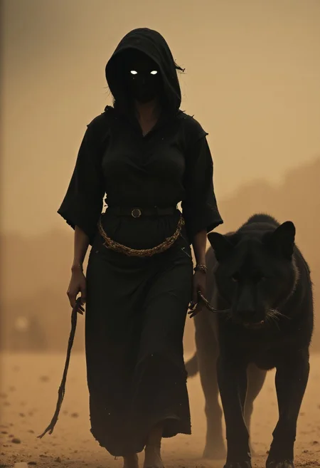 Extreme Upper Body Closeup, Create an image of a voluptuous Cleopatra wearing an authentic summer robe with a deep hood. Dense Dust and Sand storm, Her face is hidden, replaced by a void of black space with faintly glowing stars and a pale galaxy visible within the darkness. Atmospheric Haze, Cleopatra is walking beside a massive, powerful black puma on a leash. The puma’s eyes glow white with a menacing expression. The scene is set in the Egyptian desert, near the Nile River, under a dusty and scorching sun. The atmosphere is detailed with moody lighting, capturing the sandy environment of ancient Egypt.