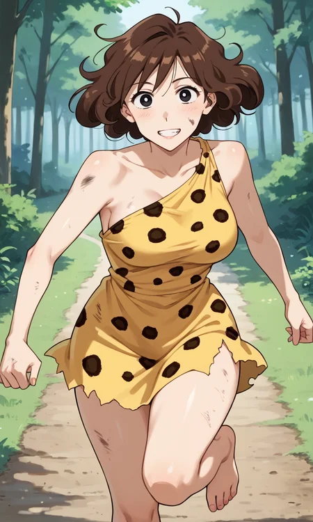 (1girl:1.5), (solo:1.3), (score_9, score_8_up, score_7_up, score_6_up, score_5_up, score_4_up), (source_anime), rating_questionable, looking at viewer, (cowboy shot:1.3), outdoors, forest, lawn,smile,
(nohara-misae), (black eyes, brown hair, medium hair, curly hair, voluminous hair, fluffy hair, parody hair), (large breasts, wide hips, thick thighs), <lora:nohara-misae-prime_v1:0.8> (messy hair, yellow untamed fur dress, leopard print, one shoulder, sleeveless, backless outfit, torn clothes, dirty, bare legs, barefoot), jumping, running, claw pose, clenched teeth,