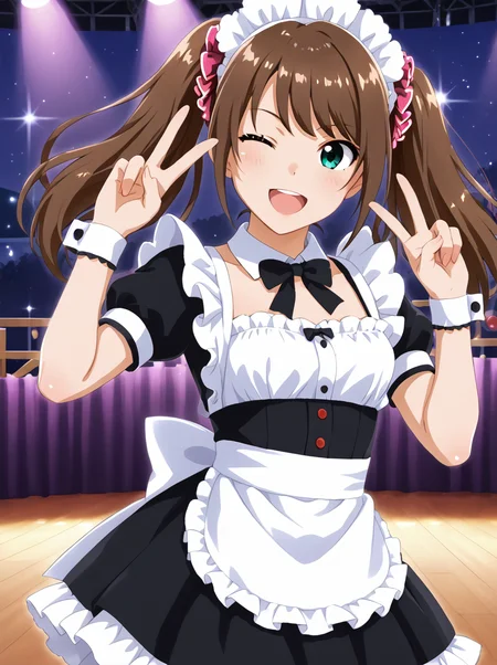 detailed background, shiny skin, posing, rating safe,
<lora:mizusaki.pony:1>,
mizusaki, 
maid outfit, 
stage, night, stage light, 
one eye closed, v, w, peace,