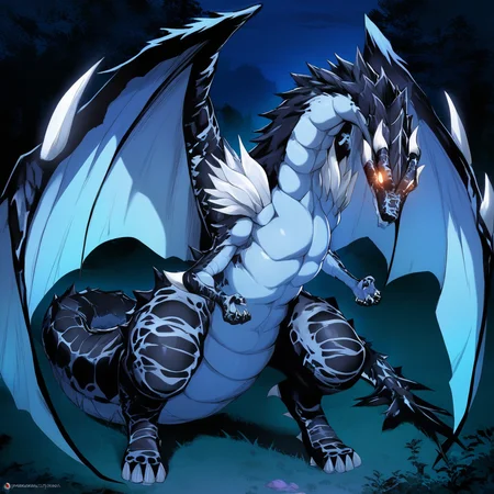 masterpiece, best quality, high quality,
night, nature background,
dragon, wings, glowing eyes, blue body, male, full-length portrait,  <lora:VeldoraDragon[SDXL][NoobAI][EPS]:1>