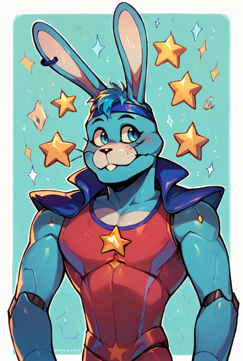 score_9, score_8_up, score_7_up,, good quality ,, character focus, solo, , best quality , detailed background, <lora:glambon-10:1> glambon, rabbit ears, male focus,, solo, star (symbol), robot, <lora:ClawedDrip_art_style:1> simple background, white borders, headband, sleeveless, white borders, cyan background,