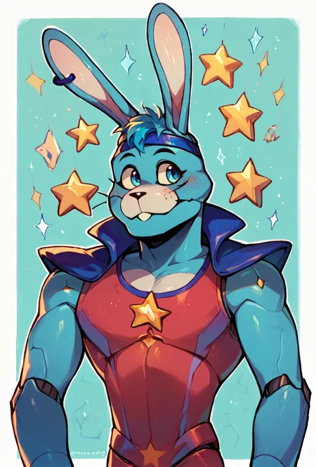 score_9, score_8_up, score_7_up,,  good quality ,, character focus, solo, , best quality , detailed background, <lora:glambon-10:1> glambon, rabbit ears, male focus,, solo, star (symbol), robot,  <lora:ClawedDrip_art_style:1> simple background, white borders, headband, sleeveless, white borders, cyan background,