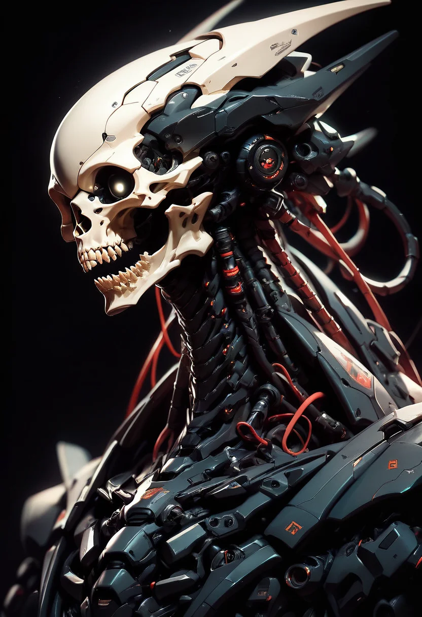 (score_9, score_8_up, score_7_up), zPDXL, solo, sharp teeth, no humans, glowing, robot, black background, mecha, machinery, science fiction, skull, cable, all black attire, spine
<lora:BioPunky:0.8>