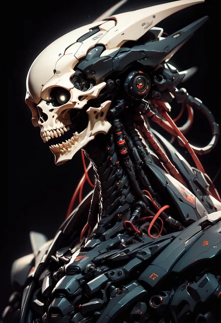 (score_9, score_8_up, score_7_up), zPDXL, solo, sharp teeth, no humans, glowing, robot, black background, mecha, machinery, science fiction, skull, cable, all black attire, spine
<lora:BioPunky:0.8>