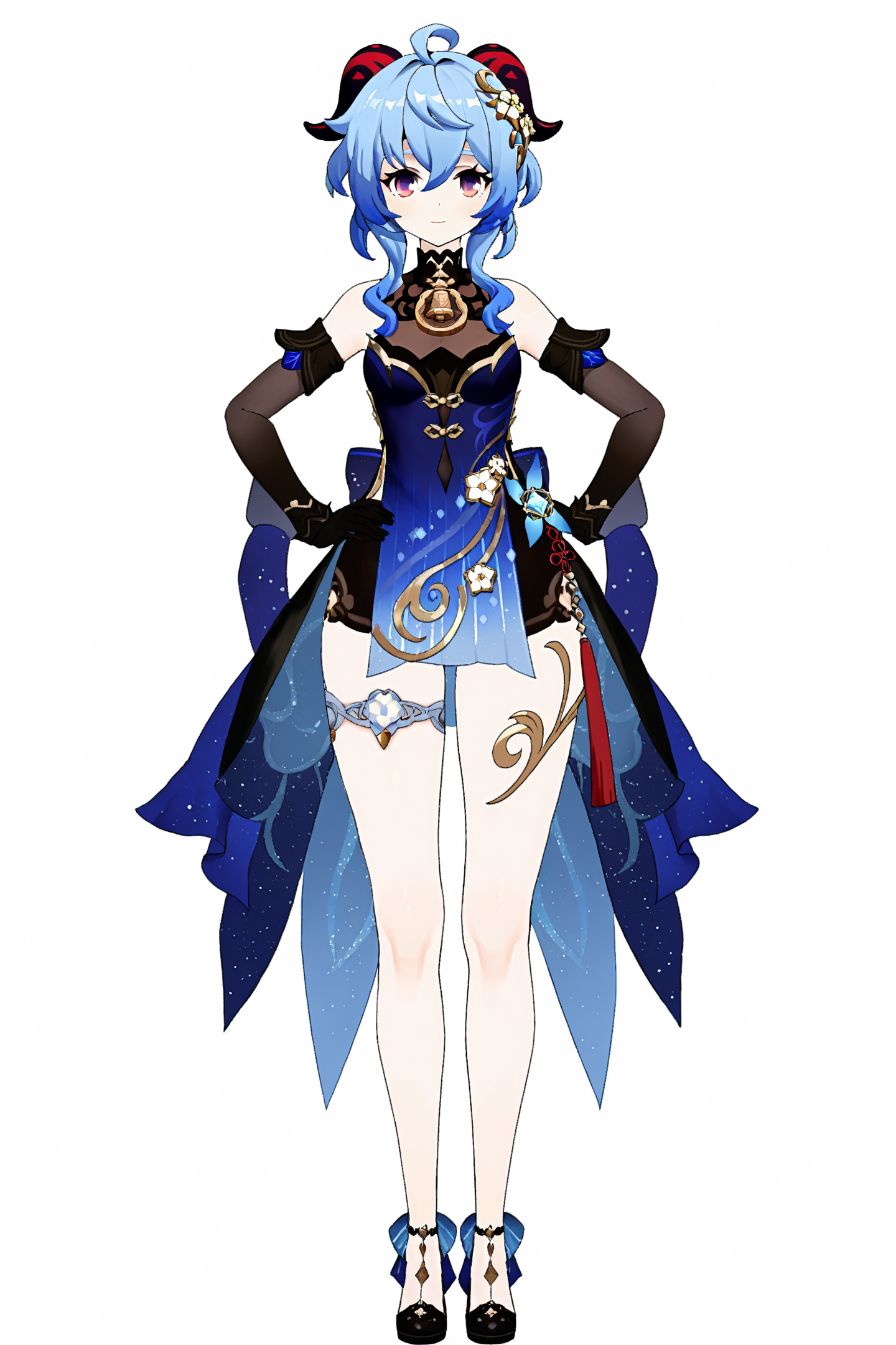 score_9, score_8_up, score_7_up, score_6_up, 
8k, best quality, masterpiece, (ultra-detailed:1.1), (high detailed skin), 
(full body:1.4), white background, standing, looking at viewer, (solo:1.4), hand on hip, 
 <lora:ganshenxian-A3-Tanger-000013:0.8>,  ganyu \(genshin impact\), Ganyu's new year's clothes, 1girl, gloves, horns, ahoge, purple eyes, blue hair, looking at viewer, full body, black gloves, elbow gloves, 
(white background, simple background:1.3), 
(beautiful_face), ((intricate_detail)), clear face, 
((finely_detailed)), fine_fabric_emphasis, 
((glossy)), full_shot,