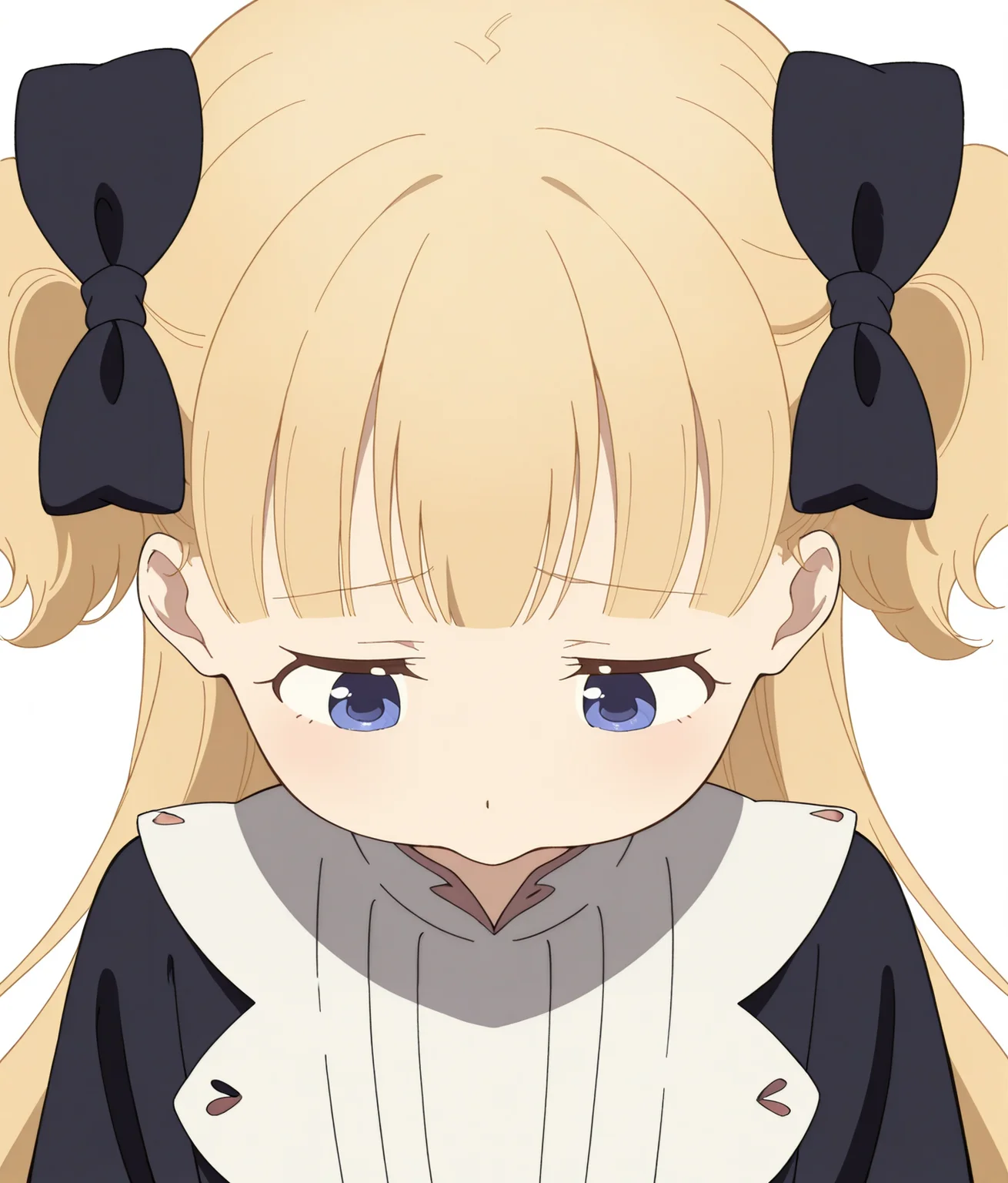 masterpiece,best quality,absurdres,highres,very aesthetic,high quality,
<lora:yurie_mouth_IL_v1:1>,yurie_mouth,
1girl,solo,
<lora:ILAEmilico:1>,AEmilico,
blonde hair,blue eyes,hair bow,blunt bangs,two side up,long hair,
looking down,sad,
simple background,white background,
upper body,
