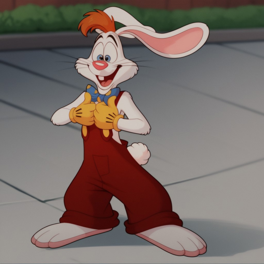 score_9, score_8_up, score_7_up, score_6_up, score_5_up, score_4_up, source_furry, Rogerrbbt, anthro, male, rabbit, rabbit ears, white fur, orange hair, red overalls, buck teeth, bowtie, yellow gloves, standing,