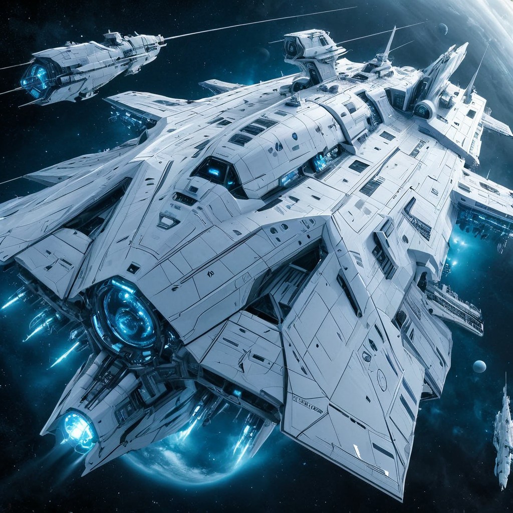 Highly detailed digital artwork of a massive, futuristic white spaceship. The ship has a rugged, industrial design with antennas, turrets, and mechanical components protruding from its surface. The hull is predominantly bright white with blue glowing accents, giving it a menacing and powerful appearance. The background features a dark, space-like environment with other smaller ships and celestial bodies visible, adding depth and scale to the scene. The overall composition is dynamic, with the main ship positioned diagonally, suggesting movement and action.