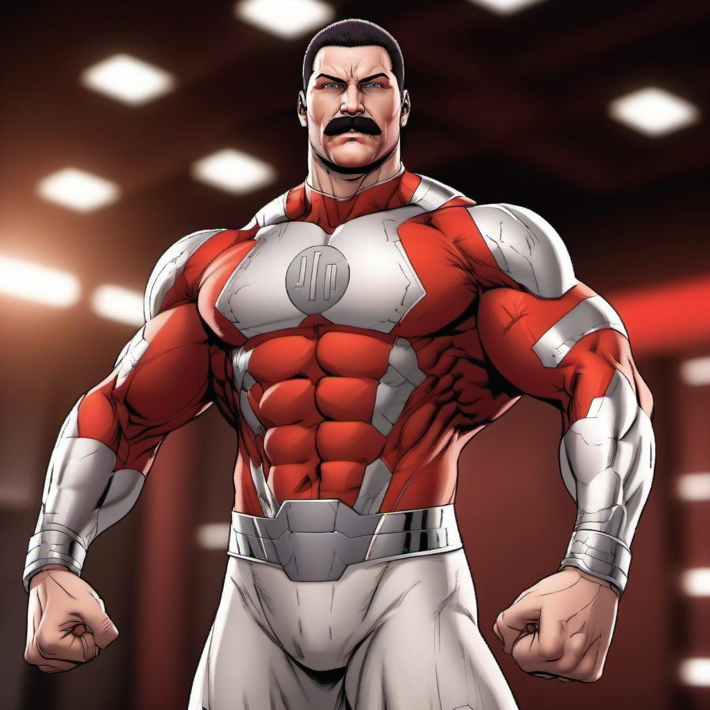 cinematic photo a muscular man with a moustache in a white and red bodysuit <lora:Thragg1024:0.8> . 35mm photograph, film, bokeh, professional, 4k, highly detailed