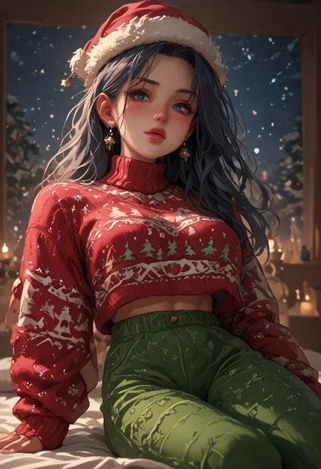 score_9, score_8_up, score_7_up, detailed, source_anime, christmas_sweater, starry sky, 1girl, blushing, (freckles:1.2), dark blue hair, long hair, blue eyes, santa cap, sexy tight christmas sweater crop top, stylish lighting, prone pose on a bed, (low waist green  leggings:1.2), large breasts, hotglossed pink lips,