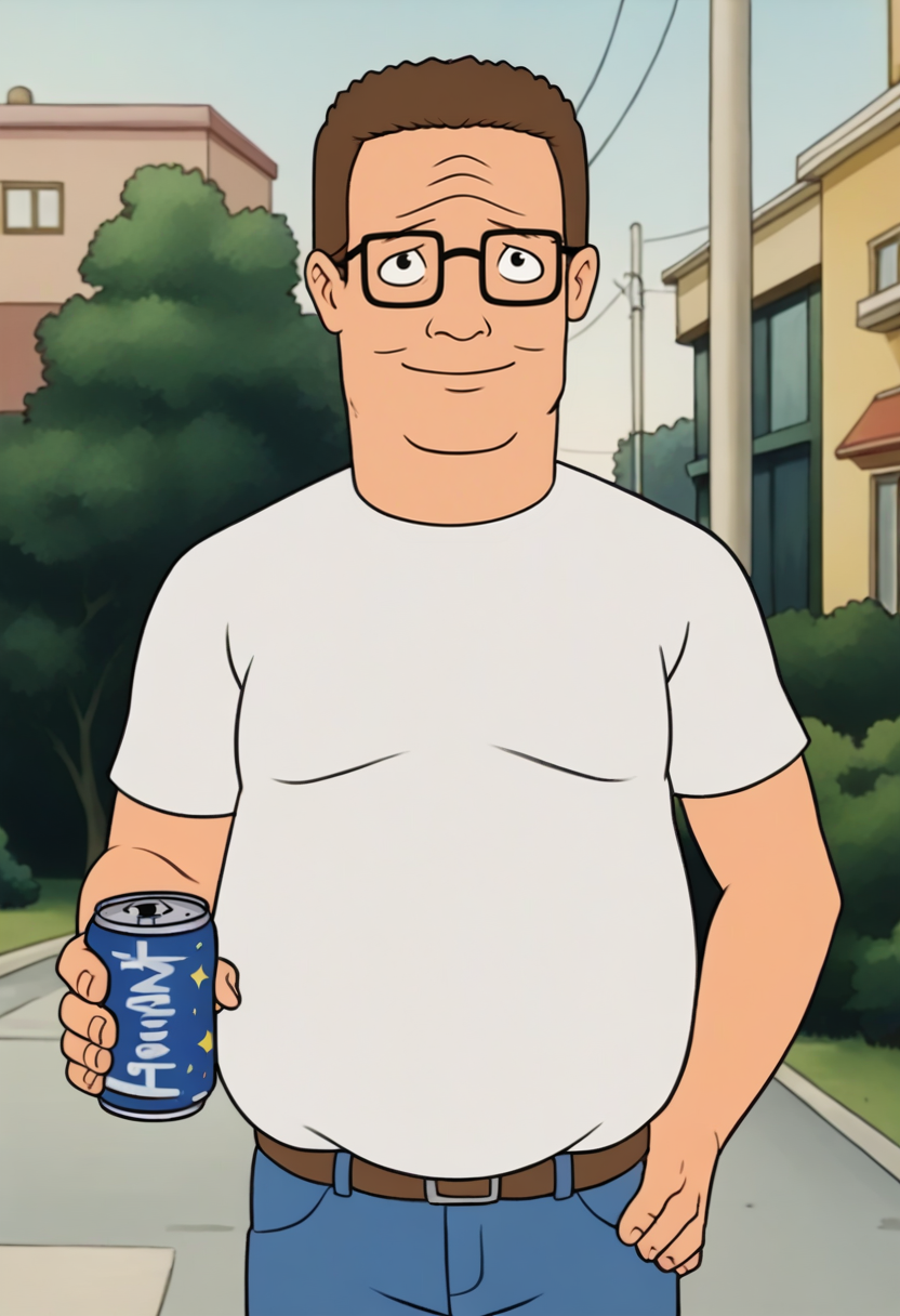 score_9, score_7_up BREAK male focus, hankhillpd, mature male, glasses, brown hair, white t-shirt, jeans, belt, holding can, outdoors, black eyes, light smile, looking at viewer <lora:hankhill_pd:0.8>