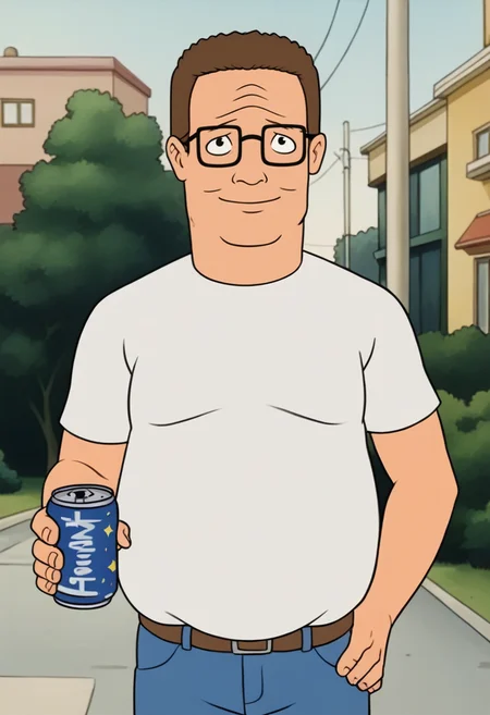 score_9, score_7_up BREAK male focus, hankhillpd, mature male, glasses, brown hair, white t-shirt, jeans, belt, holding can, outdoors, black eyes, light smile, looking at viewer <lora:hankhill_pd:0.8>