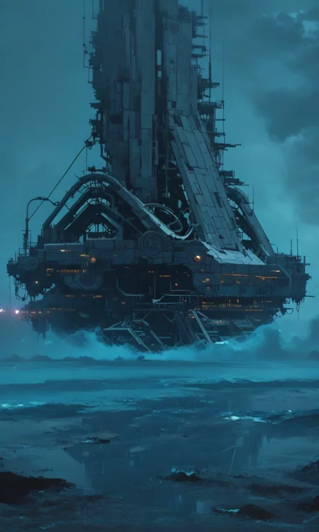 A dark atmospheric CGI image of a futuristic black geometric structure extending over a misty blue ocean with small glowing lights lining its base<lora:- iLL - combined_concept_V1.0-step00033500:1>,  <lora:ck-nc-cyberpunk-IL:0.8>  <lora:- iLL - combined_stylized_V1.0-step00001500:1>