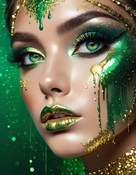 <lora:add-detail-xl:1>, digital painting, closeup macro shot, high contrast, closeup of a woman's face, iridescent, heavy makeup, lashes, metallic glitter in green and gold, paint dripping from lips, meticulous detail, dramatic lighting, perfect eyes, natural skin
