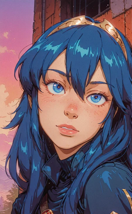 (An amazing and captivating illustration:1.4), absurdes, 4k, 2d, trending on artstation, deviantart, pastels, retro, retro_artstyle, painterly, brushstrokes, textured, blocky,
1girl, solo, detailed eyes, lucina (fire_emblem), looking at viewer, blue eyes, blue hair, long hair, cute girl, tiara, standing, head tilt,
(close-up, portrait, face focus, upper body), side-view, no lineart, outdoors, dusty, soft glow, shadows, soft background, atmospheric, cinematic lighting, limited pallet, pastel_vaporwave_surrealism,
masterpiece, best quality, amazing quality, very aesthetic, absurdres, newest,
<lora:NOOB_vp1_detailer_by_volnovik_v1:0.4><lora:MoriiMee_Gothic_Niji_Style_Illustrious_r1:0.6> <lora:retro_scifi_artstyle:0.7><lora:pastel_vaporwave_surrealism:0.3> <lora:90s_anime_aesthetic_illustriousXL:0.7><lora:veluflora-wai:0.2><lora:Bluethebone:0.7> <lora:Incase_New_Illust:0.3> <lora:noobai_ep11_stabilizer_v0.138_fp16:0.3>