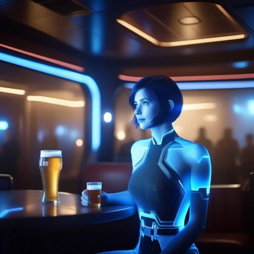 cinematic photo full body portrait 1girl, short hair, blue skin, science fiction, transparent hologram, having a beer in a spaceship pub <lora:Cortana1024:0.8> . 35mm photograph, film, bokeh, professional, 4k, highly detailed