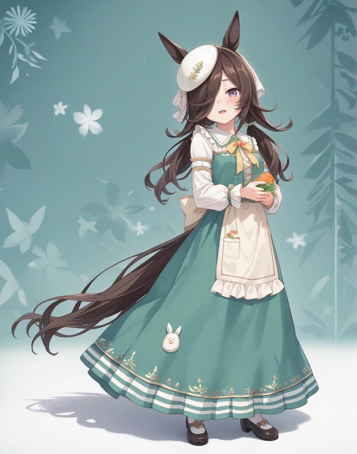 score_9, score_8_up, score_7_up, official art, masterpiece, high quality, megami magazine, official style, game cg, 1girl, (looking at viewer:1.4), (open mouth:0.6), , hurt, blush, curtsey, full body, patterned background,,
rcs ydf, rice shower (umamusume), rice shower (yummy dreamy fairy) (umamusume), alternate costume, alternate hairstyle, animal ears, apron, blush, brown hair, dress, green dress, hair ornament, hair over one eye, horse ears, horse girl, horse tail, long hair, long sleeves, low twintails, official alternate costume, official alternate hairstyle, print dress, tail, twintails, violet eyes, <lora:umamusume_rice_shower2_pony_v1:1>,
hair over one eye,