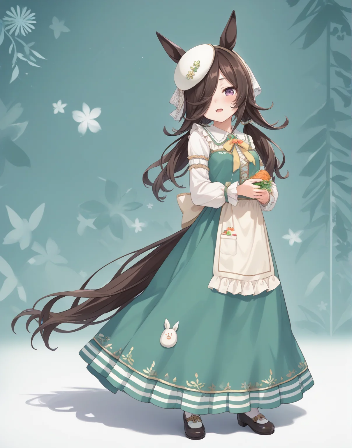 score_9, score_8_up, score_7_up, official art, masterpiece, high quality, megami magazine, official style, game cg, 1girl, (looking at viewer:1.4), (open mouth:0.6), , hurt, blush, curtsey, full body, patterned background,,
rcs ydf, rice shower (umamusume), rice shower (yummy dreamy fairy) (umamusume), alternate costume, alternate hairstyle, animal ears, apron, blush, brown hair, dress, green dress, hair ornament, hair over one eye, horse ears, horse girl, horse tail, long hair, long sleeves, low twintails, official alternate costume, official alternate hairstyle, print dress, tail, twintails, violet eyes, <lora:umamusume_rice_shower2_pony_v1:1>,
hair over one eye,