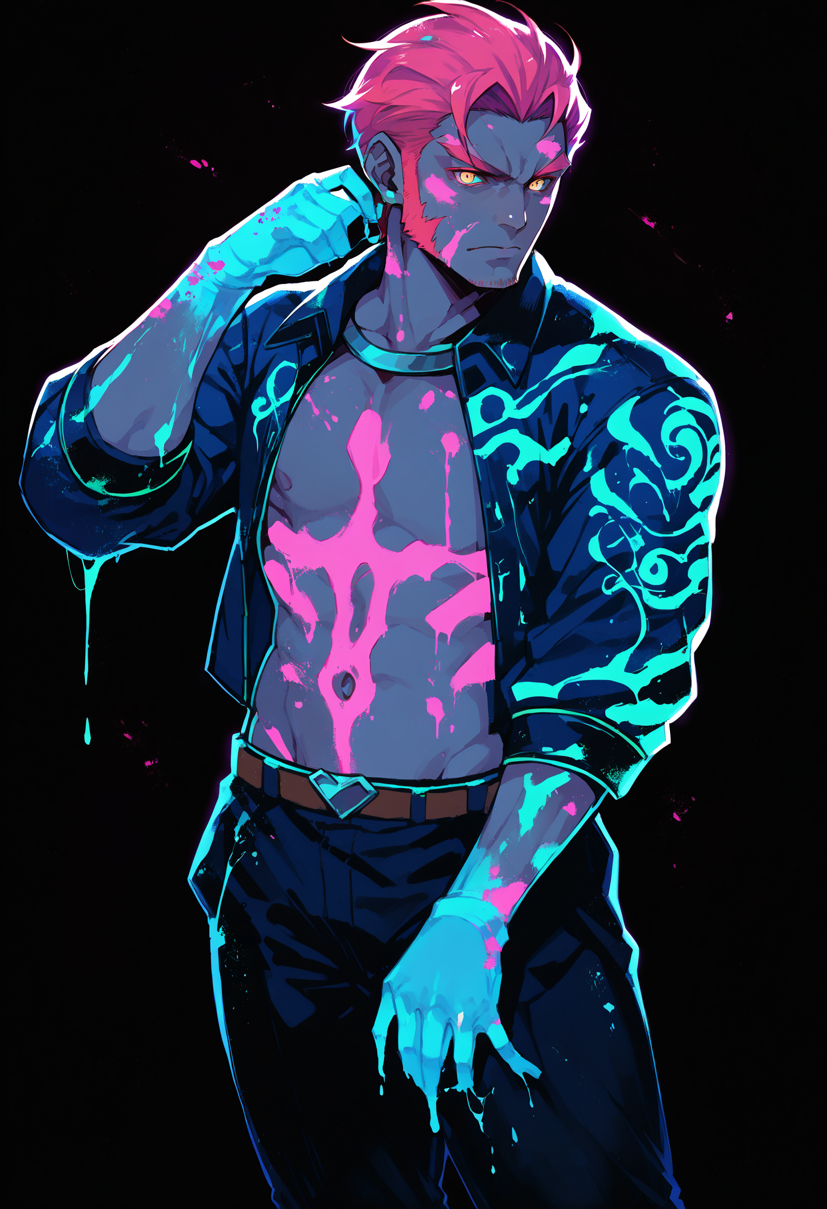 score_9, score_8_up, score_7_up, score_6_up, source anime,
ultraviolet, 1boy, solo, paint splatter, bodypaint, black background, glowing skin, backlighting,
Ganon 
 <lora:ultraviolet_raver_reg_v10:1>