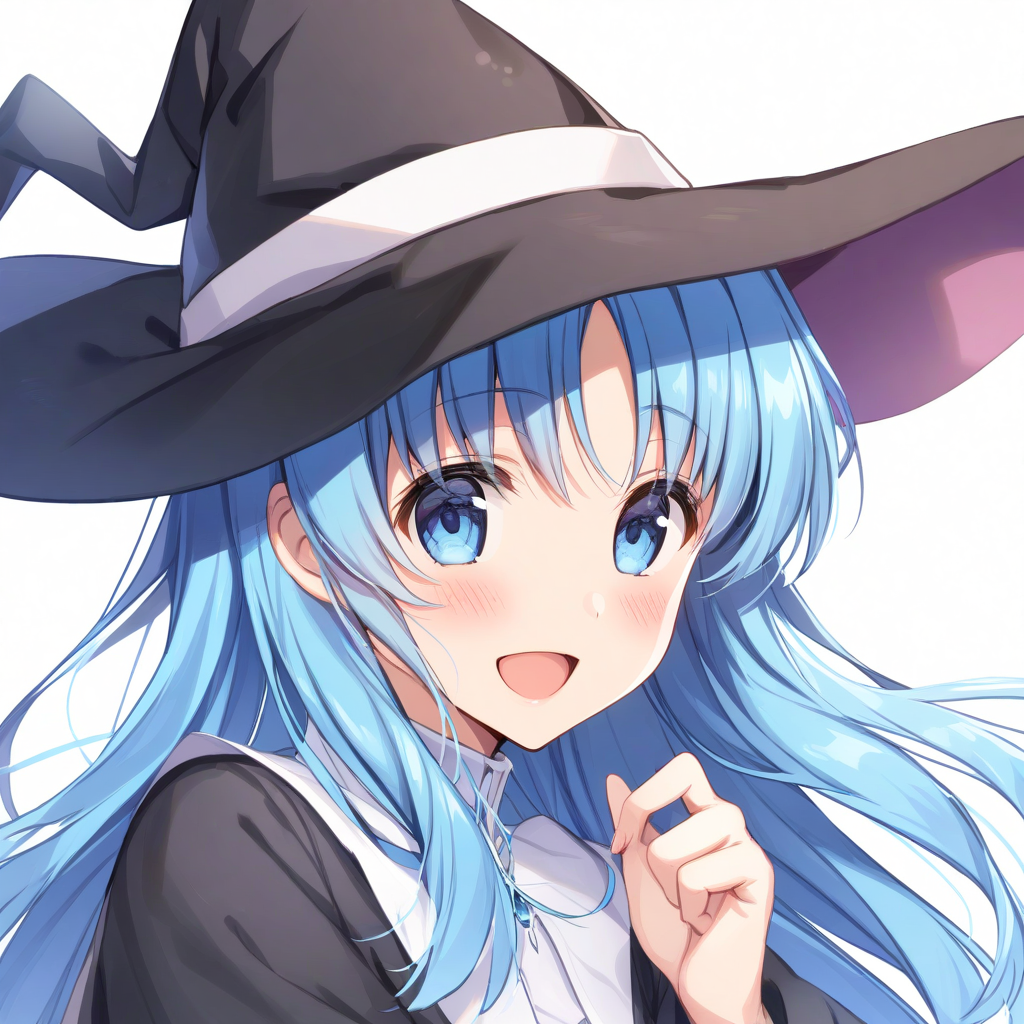 chtholly(sukasuka), 1girl, solo, blue hair, blue eyes, witch hat, hat, long hair, smile, bangs, blush, white background, open mouth, looking at viewer, :d, black headwear, upper body <lora:XL-Chtholly:1>