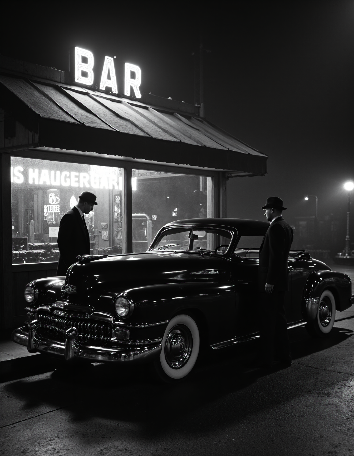 Film Noir. A black and white cinematic still, reminiscent of a 1940s film noir classic, with high contrast and grainy texture.  The scene is bathed in stark shadows and dramatic chiaroscuro lighting. A sleek, vintage automobile, its chrome gleaming subtly, is parked in front of a dimly lit bar with a neon sign buzzing faintly. The bar's windows are fogged with condensation, obscuring the interior. A lone figure, shrouded in shadow, stands beside the car, their face partially hidden.  The overall atmosphere is one of mystery and intrigue.