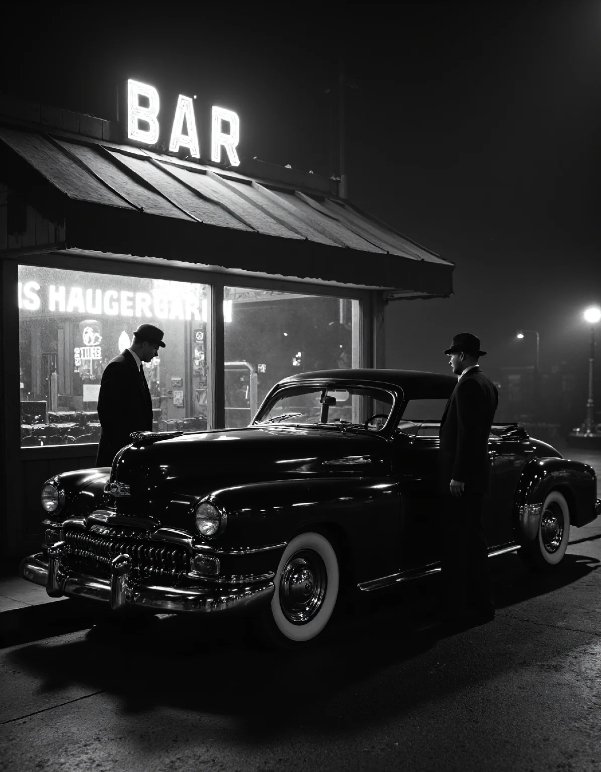 Film Noir. A black and white cinematic still, reminiscent of a 1940s film noir classic, with high contrast and grainy texture. The scene is bathed in stark shadows and dramatic chiaroscuro lighting. A sleek, vintage automobile, its chrome gleaming subtly, is parked in front of a dimly lit bar with a neon sign buzzing faintly. The bar's windows are fogged with condensation, obscuring the interior. A lone figure, shrouded in shadow, stands beside the car, their face partially hidden. The overall atmosphere is one of mystery and intrigue.