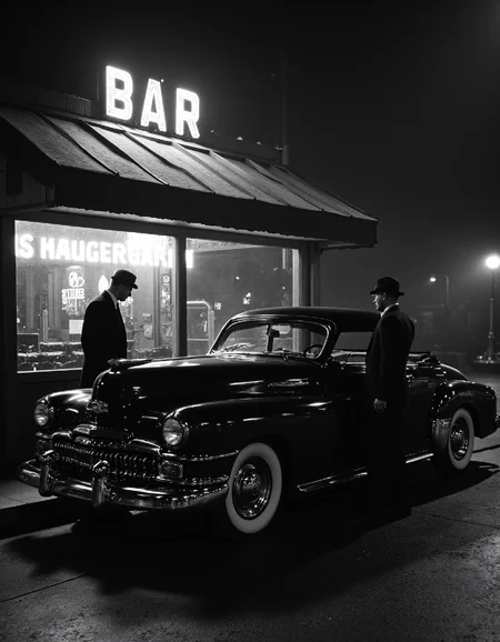 Film Noir. A black and white cinematic still, reminiscent of a 1940s film noir classic, with high contrast and grainy texture.  The scene is bathed in stark shadows and dramatic chiaroscuro lighting. A sleek, vintage automobile, its chrome gleaming subtly, is parked in front of a dimly lit bar with a neon sign buzzing faintly. The bar's windows are fogged with condensation, obscuring the interior. A lone figure, shrouded in shadow, stands beside the car, their face partially hidden.  The overall atmosphere is one of mystery and intrigue.