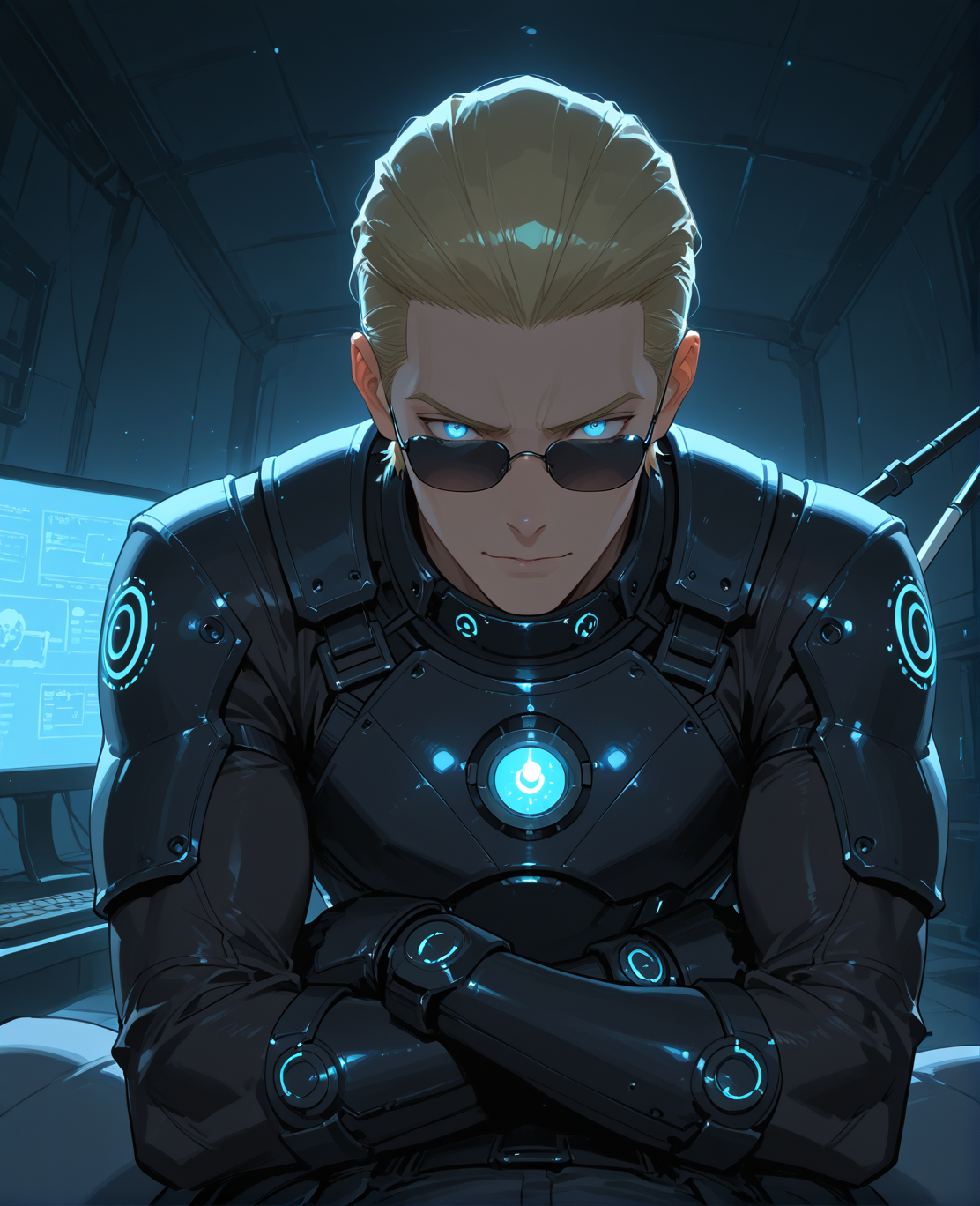 PonyScores7, source_anime, ah, 1IllustriousQual, interesting, exciting, spectacular, wonderful,
BREAK (Through an over-the-shoulder perspective, providing context and depth),
BREAK <lora:albertwesker-guy-PONYv1:0.8>, albertwesker, 1boy, toned, athletic, fit, mature male,  angular face, sharp_featured face, handsome, charming, alluring, <lora:shinyskin2:0.2>, glistening skin, AS-MidAged,
BREAK slicked back hair, short hair, blonde, <lora:hairdetailpxl:0.2>, hairdetailpxl, 
BREAK blue eyes, <lora:expressive eyes:0.2>, expressive eyes, <lora:eyedetailpxl:0.2>, eyedetailpxl, <lora:Eyes_High_Definition:0.2>, EyesHD,
BREAK (werewolf guardian, in enchanted armor with a silver-tipped spear and a protective nature),
BREAK (In a modern, well-lit Umbrella laboratory, is engaged in an intense standoff with survivors, The lab is pristine, with white walls and floors, glowing blue lights, and advanced medical equipment, stands with  arms crossed, taunting opponents while bio-engineered monstrosities rise from containment tubes behind, The walls are lined with research data on the T-virus, and behind, a massive computer displays the words "PROJECT NEMESIS" in red),
BREAK tender Affection expression, Soft smile, gentle eyes, relaxed demeanor, <lora:Expressive_H:0.2>, Expressiveh, looking at viewer, <lora:Emotional_Anime_Expressions_PonyXL_Concept:0.2>, emotional, <lora:Best_Facial_Expression_LoRA_PONY:0.2>, <lora:Detailed expressive EXEV style -XL Pony V1.0:0.2>, FaceDetail,
BREAK (potter, creating vessels to store water for a drought-stricken village), (sunglasses:1.3), 
BREAK <lora:xl_more_art-full_v1:0.2>, <lora:aesthetic_anime_v1s:0.2>, <lora:EpicF4nta5yXL:0.2>, <lora:detailxl:0.2>, detailxl, <lora:Fant5yP0ny:0.2>, best quality, amazing quality, best aesthetic, absurdres, illustration, Volumetric_Lighting, ultra-detailed, very aesthetic, intricate details, 8k, masterpiece, best_quality,
BREAK Stable_Yogis_PDXL_Positives, AS-Adult, <lora:Complicated fantasy portrait - XL Pony V2.0:0.2>, bad-hands-5, <lora:HDA_Detailer:0.3>,