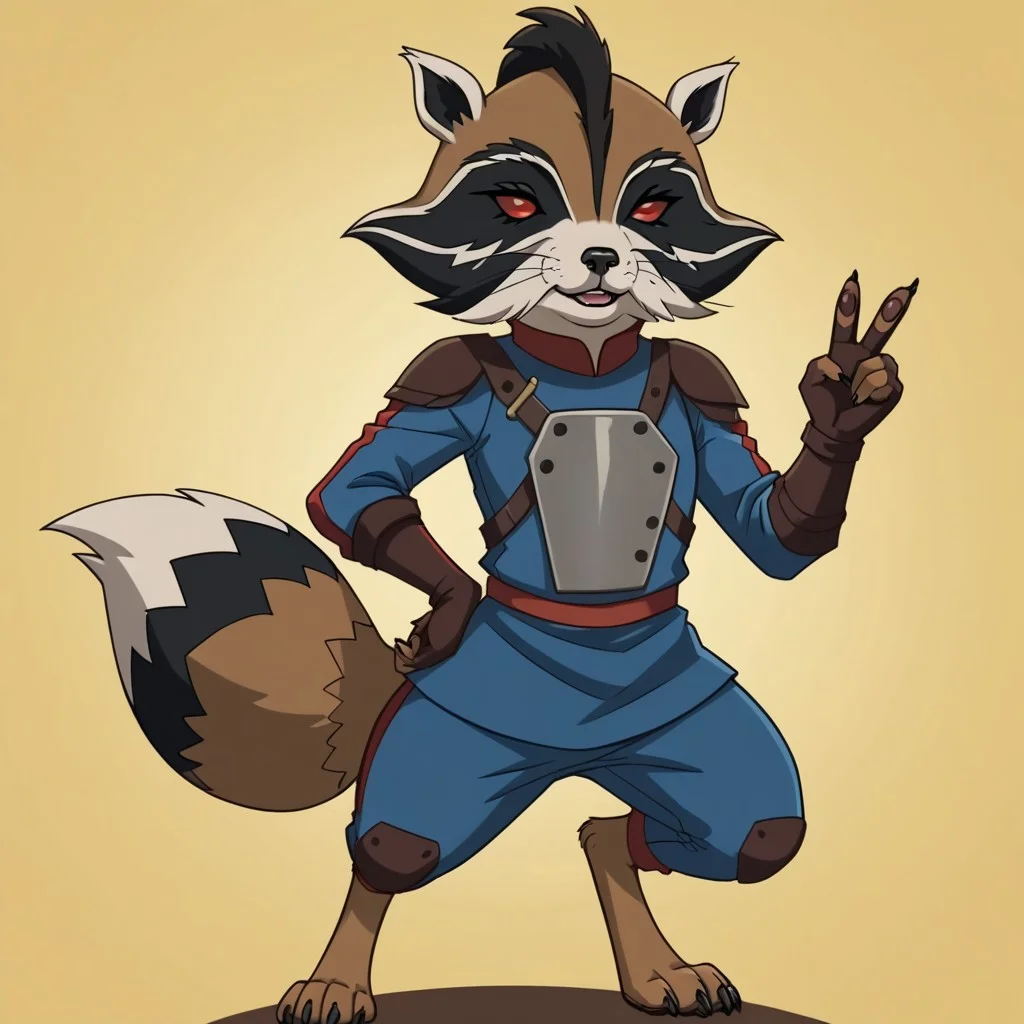 score_9, score_8_up, score_8, score_7, source_cartoon, PRR(2012), solo, 1boy, semi-anthro, raccoon, brown and black fur, white muzzle, white ears, raccoon tail, red eyes, blue and red bodysuit, chest plate, fingerless gloves, full body, looking at viewer, standing, one hand on hip, peace sign, smile, yellow background,