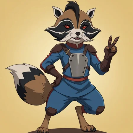 score_9, score_8_up, score_8, score_7, source_cartoon, PRR(2012), solo, 1boy, semi-anthro, raccoon, brown and black fur, white muzzle, white ears, raccoon tail, red eyes, blue and red bodysuit, chest plate, fingerless gloves, full body, looking at viewer, standing, one hand on hip, peace sign, smile, yellow background,