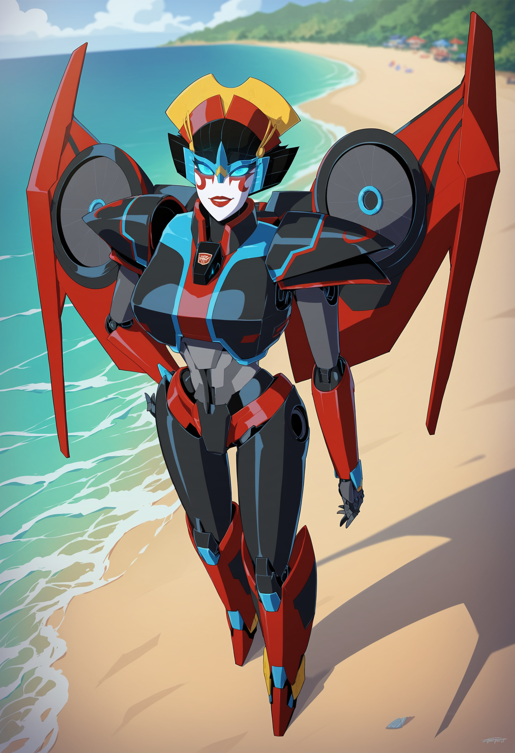 score_9, score_8_up, score_8, source_anime, 1girl,  <lora:Windblade:0.8> solo, autobot, robot, mecha, red lips, blue eyes, glowing eyes, smile, big breasts, wings, mechanical wings, view from above, 
beach background, ocean, blurry background,