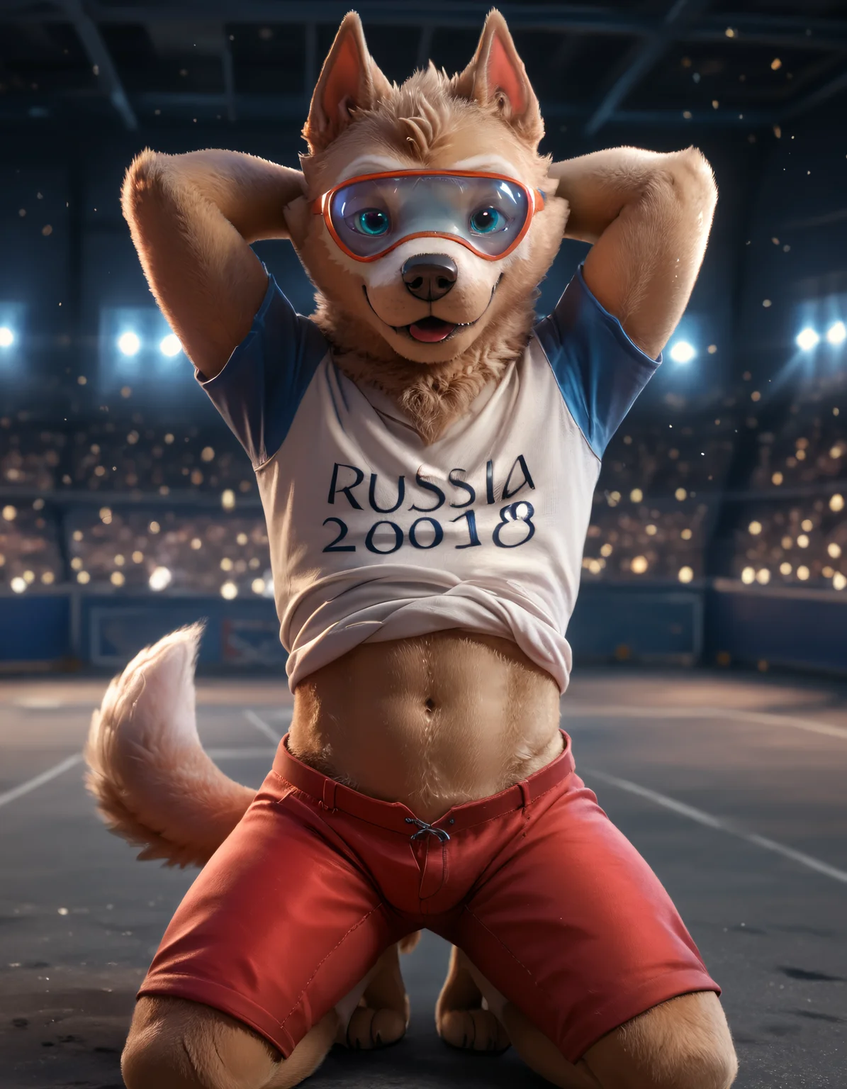 score_9, score_8_up, score_7_up, BREAK rating_safe, detailed, cinematic lighting, hdr, masterpiece, best quality, ultra realistic, 4k, 2k, film photography, RAW photo, photorealistic, analog style, subsurface scattering, photorealism, <lora:add-detail-xl:2.5>, <lora:2.5DRealisticV2.safetensors:0.25>, <lora:sinfully_stylish_SDXL.safetensors:1.0>, <lora:AdvancedEnhancerXLv2.safetensors:1.0>, (solo:1.25), <lora:zabivaka-14.safetensors:1.0>, zabivaka, anthro, mammal, clothing, male focus, fifa, eyewear, blush, tongue, tail, shirt, topwear, clothes pull, (red shorts:1.1), dog boy, belly, white shirt, goggles, plump, lifted by self, blurry background, claws, pawpads, digitigrade (pov, kneeling head turn hands behind head, despair:1.15)