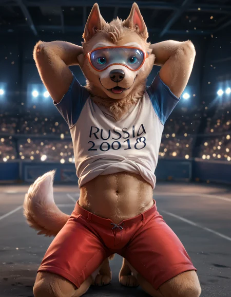 score_9, score_8_up, score_7_up, BREAK rating_safe, detailed, cinematic lighting, hdr, masterpiece, best quality, ultra realistic, 4k, 2k, film photography, RAW photo, photorealistic, analog style, subsurface scattering, photorealism, <lora:add-detail-xl:2.5>, <lora:2.5DRealisticV2.safetensors:0.25>, <lora:sinfully_stylish_SDXL.safetensors:1.0>, <lora:AdvancedEnhancerXLv2.safetensors:1.0>, (solo:1.25), <lora:zabivaka-14.safetensors:1.0>, zabivaka, anthro, mammal, clothing, male focus, fifa, eyewear, blush, tongue, tail, shirt, topwear, clothes pull, (red shorts:1.1), dog boy, belly, white shirt, goggles, plump, lifted by self, blurry background, claws, pawpads, digitigrade (pov, kneeling head turn hands behind head, despair:1.15)
