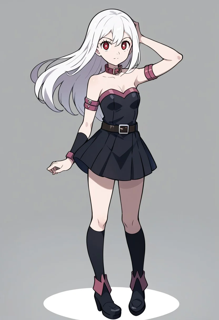 score_9, score_8_up, score_7_up, full body, source_anime, 1girl, armpit, arm up ,flat breasts, flat chest, short girl ,  aarosa, long hair , white hair, red eyes , neutral face, easynegative, looking at viewer, standing,  <lora:fate-medusa-rider-cosplay-ponyxl-lora-nochekaiser:1>, fate medusa rider cosplay, medusa (rider) (fate) (cosplay), bare shoulders, belt collar, collar, collarbone, detached sleeves, dress, long sleeves, pleated dress, short dress, strapless, strapless dress, zettai ryouiki,