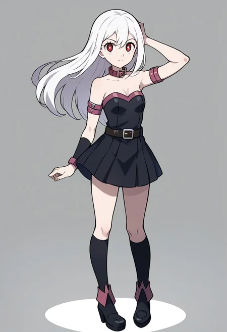 score_9, score_8_up, score_7_up, full body, source_anime, 1girl, armpit, arm up ,flat breasts, flat chest, short girl ,  aarosa, long hair , white hair, red eyes , neutral face, easynegative, looking at viewer, standing,  <lora:fate-medusa-rider-cosplay-ponyxl-lora-nochekaiser:1>, fate medusa rider cosplay, medusa (rider) (fate) (cosplay), bare shoulders, belt collar, collar, collarbone, detached sleeves, dress, long sleeves, pleated dress, short dress, strapless, strapless dress, zettai ryouiki,