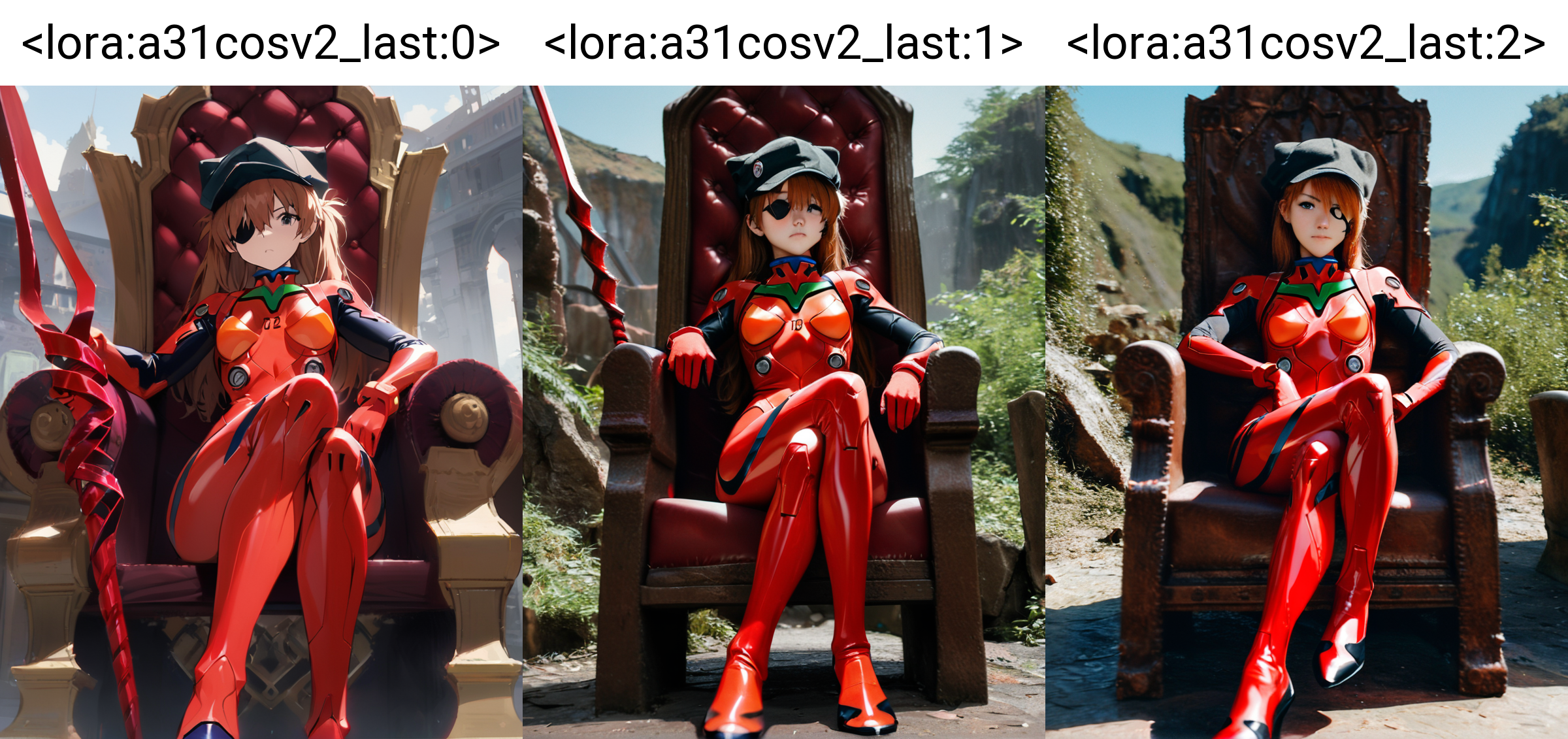 masterpiece, best quality, <lora:a31cosv2_last:0>,
1girl, souryuu asuka langley, neon genesis evangelion, rebuild of evangelion, lance of longinus, cat hat, plugsuit, pilot suit, red bodysuit, sitting, crossed legs, black eye patch, throne, looking down, from bottom, looking at viewer, outdoors,