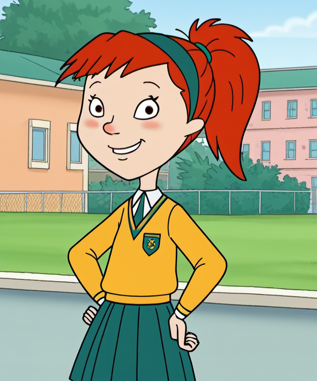 solo, 1girl, hhs1, blush, sneakers, red hair, ponytail, skirt, outdoors, smile, school uniform, hairband, hand on own hip, <lora:hhs1-000009:1.2>, <lora:ABettyPony1.1:0.6>,