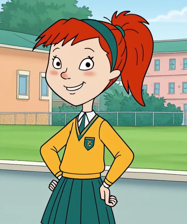 solo, 1girl, hhs1, blush, sneakers, red hair, ponytail, skirt, outdoors, smile, school uniform, hairband, hand on own hip, <lora:hhs1-000009:1.2>, <lora:ABettyPony1.1:0.6>,