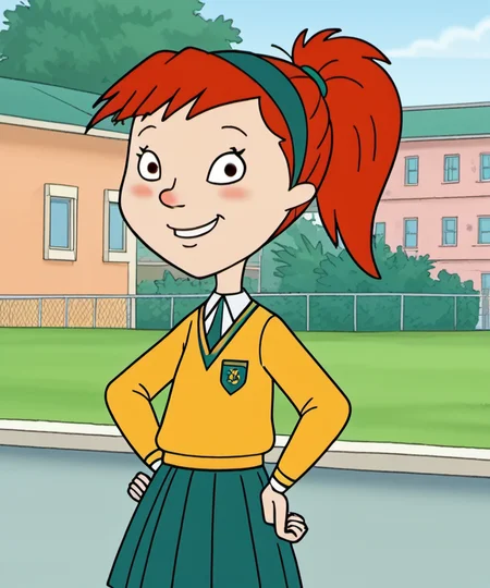 solo, 1girl, hhs1, blush, sneakers, red hair, ponytail, skirt, outdoors, smile, school uniform, hairband, hand on own hip, <lora:hhs1-000009:1.2>, <lora:ABettyPony1.1:0.6>,