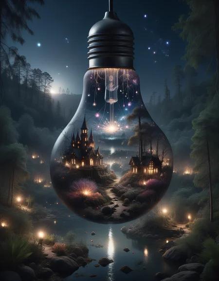 ais-bulbz, fireworks at night over a sunken city inside the bulb, a dark mystical forest ouside the bulb, photorealistic, very detailed, cinematic still, 4k, uhd, masterpiece