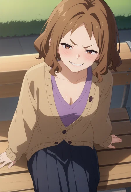 score_9, score_8_up, score_7_up, anime screencap, source_anime, 1girl, solo,
<lora:Konami_Amanatsu_Makeine_V1:.85>, KJOkonami, brown hair, dark eyes, medium hair,
long sleeves, beige cardigan, cleavage, collarbone, black pleated, skirt, black pantyhose,
from above, sitting on bench, heavy blush, smirk, evil grin,
Park, night, dark,
(Beautiful, small Breasts:1.2),