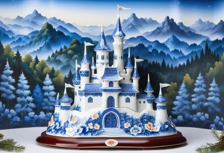 porcelain castle in Bluepatternporcelain, detailed calligraphy ornament,
mountain forest meadow background,