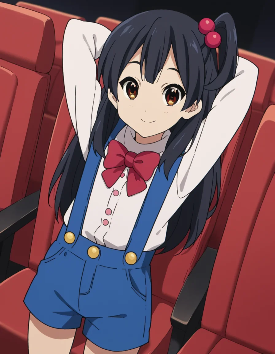score_9, score_8_up, score_7_up, source_anime, <lora:anko-kitashirakawa-s1-ponyxl-lora-nochekaiser:1>, anko kitashirakawa, long hair, black hair, hair ornament, brown eyes, one side up, hair bobbles,, suspenders, shirt, white shirt, bowtie, red bowtie, buttons, shorts, blue shorts,, movie theater, screen, seats, popcorn, film, smile, hands behind head,, looking at viewer, solo,, dutch angle, cowboy shot